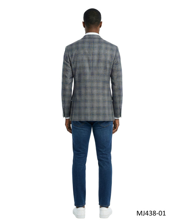 Grey Textured Plaid Notch Lapel Modern Fit Men's Jacket