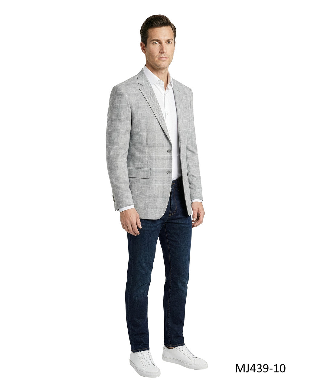 Light Grey Textured Plaid Notch Lapel Modern Fit Men's Jacket