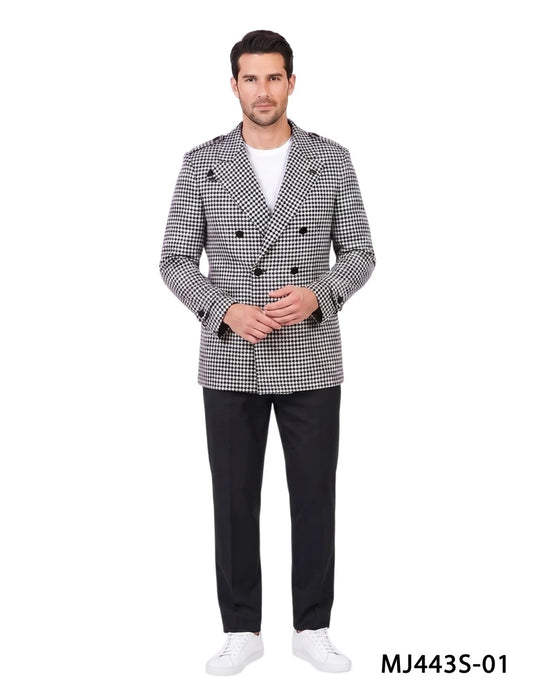 Black/White Houndstooth Double Breasted Notch Lapel Slim Fit Men's Jacket