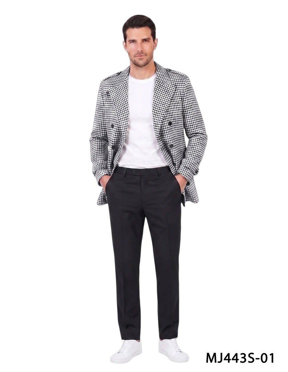 Black/White Houndstooth Double Breasted Notch Lapel Slim Fit Men's Jacket