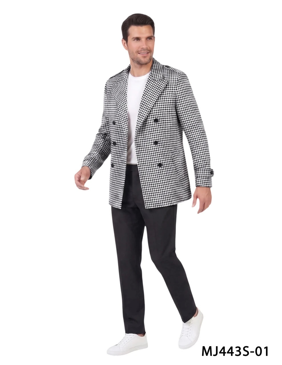 Black/White Houndstooth Double Breasted Notch Lapel Slim Fit Men's Jacket