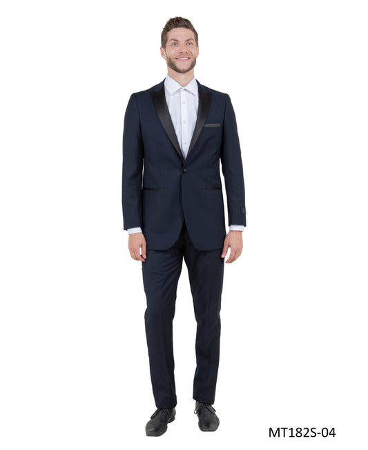 Navy on Black Satin Peak Lapel Slim Fit  2 Piece Bryan Michaels Men's Tuxedo