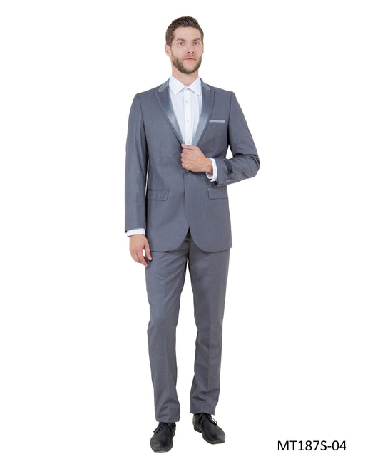 Grey on Grey Satin Peak Lapel With Fabric Trim Slim Fit  2 Piece Bryan Michaels Men's Tuxedo