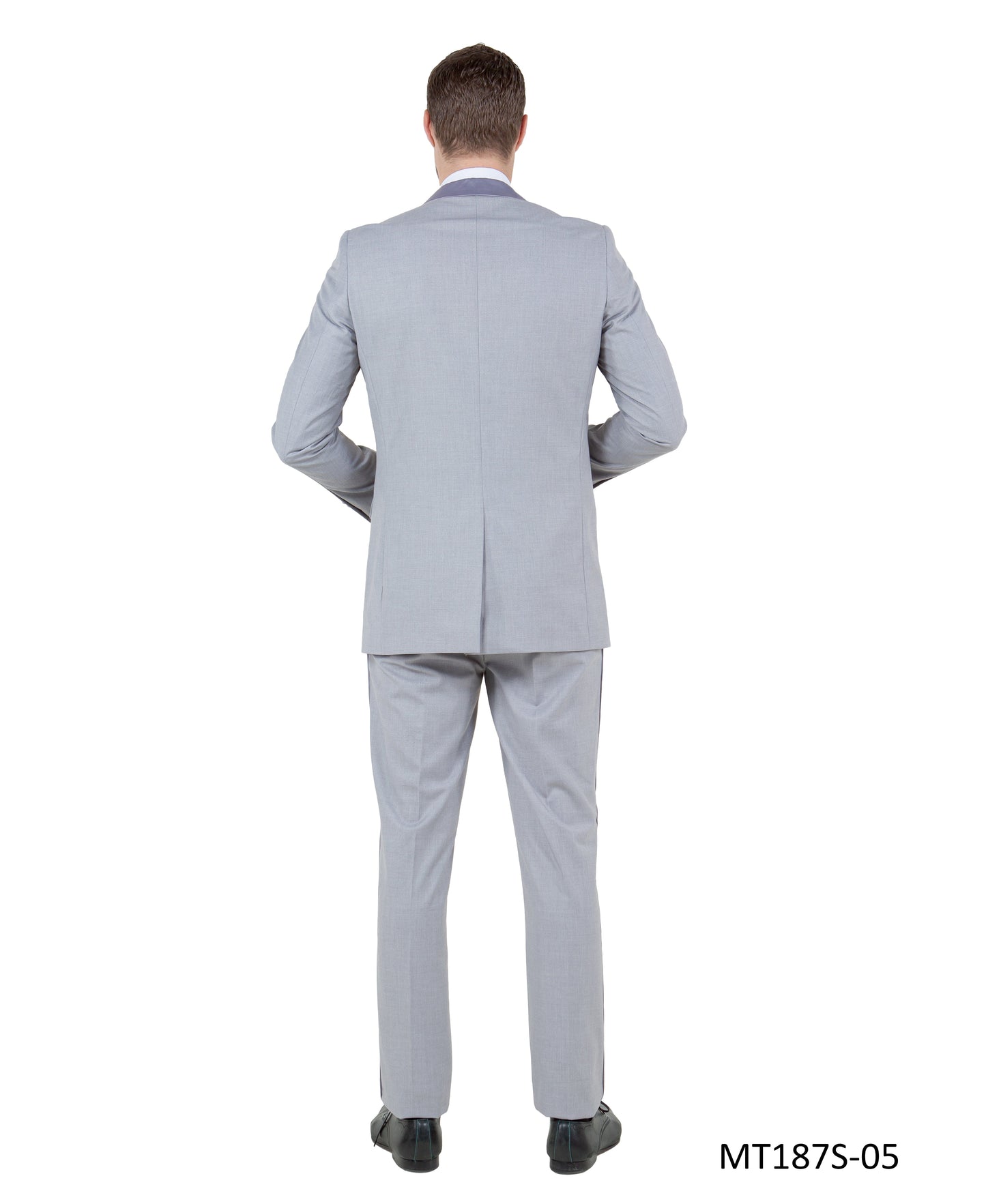 Light Grey on Light Grey Satin Peak Lapel With Fabric Trim Slim Fit  2 Piece Bryan Michaels Men's Tuxedo