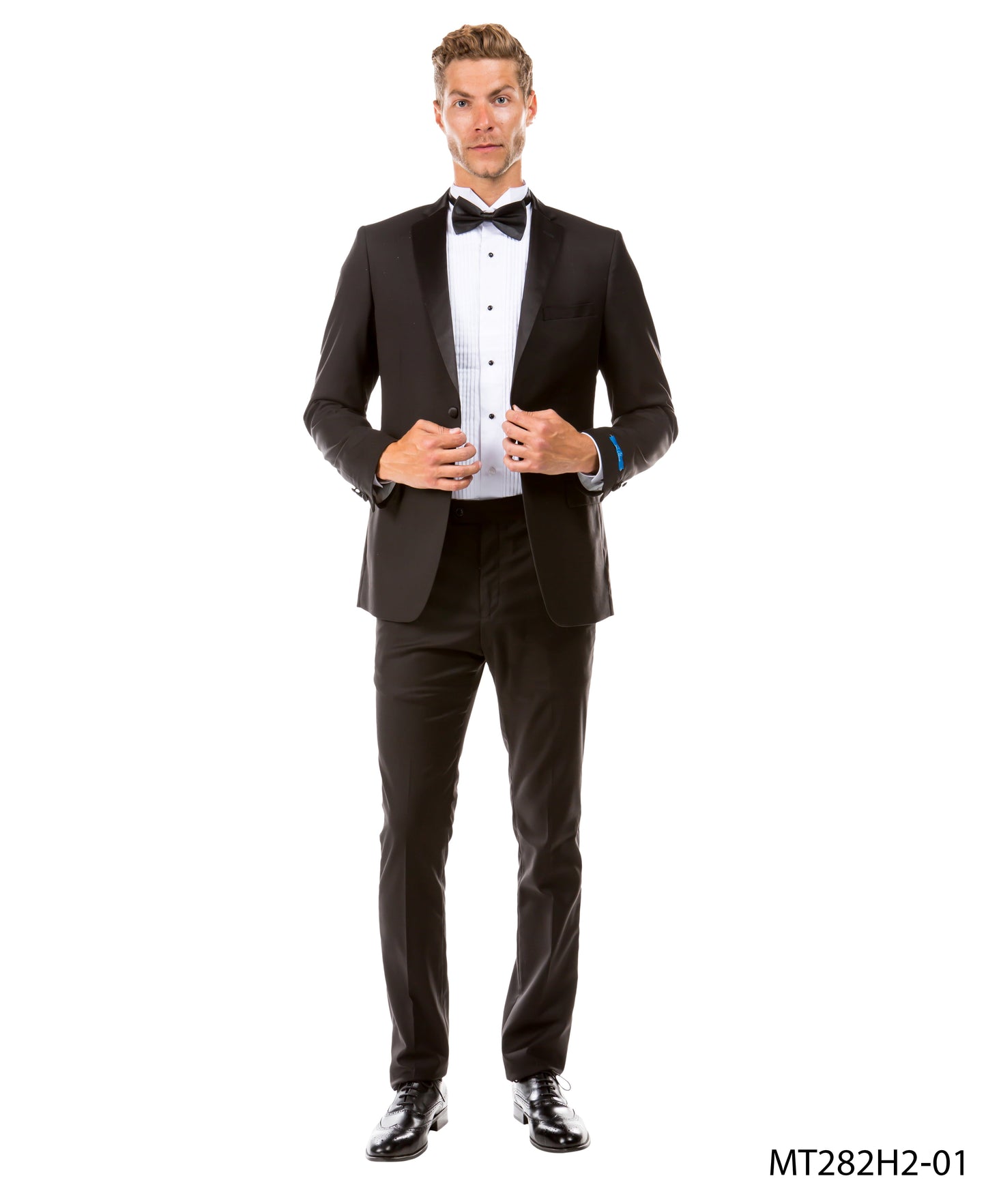 Black on Black Satin Notch Lapel Hybrid Fit  2 Piece Sean Alexander Men's Tuxedo