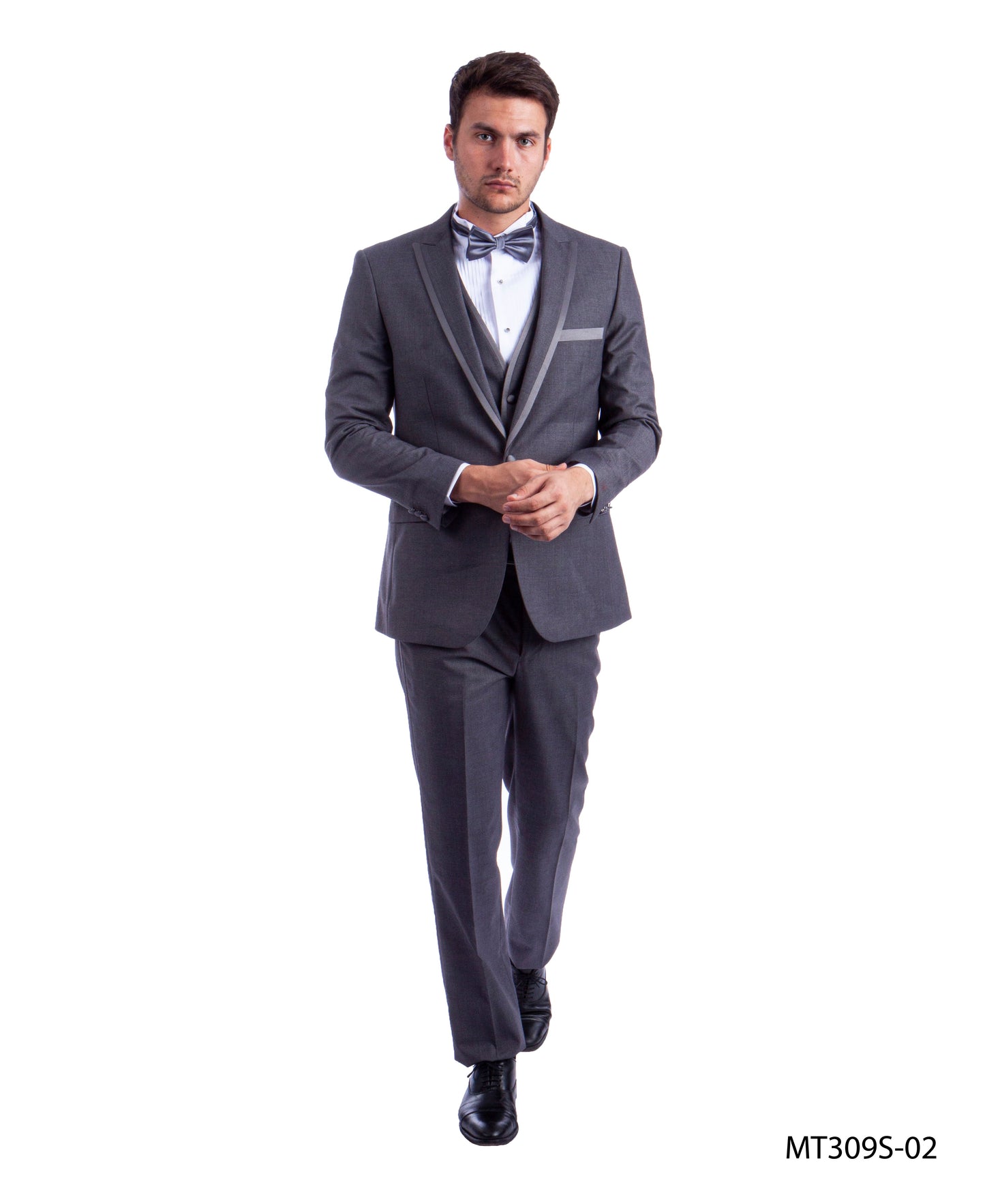 Mid Grey on Mid Grey Satin Peak Lapel With Satin Trim Slim Fit  2 Piece Tazzio Men's Tuxedo