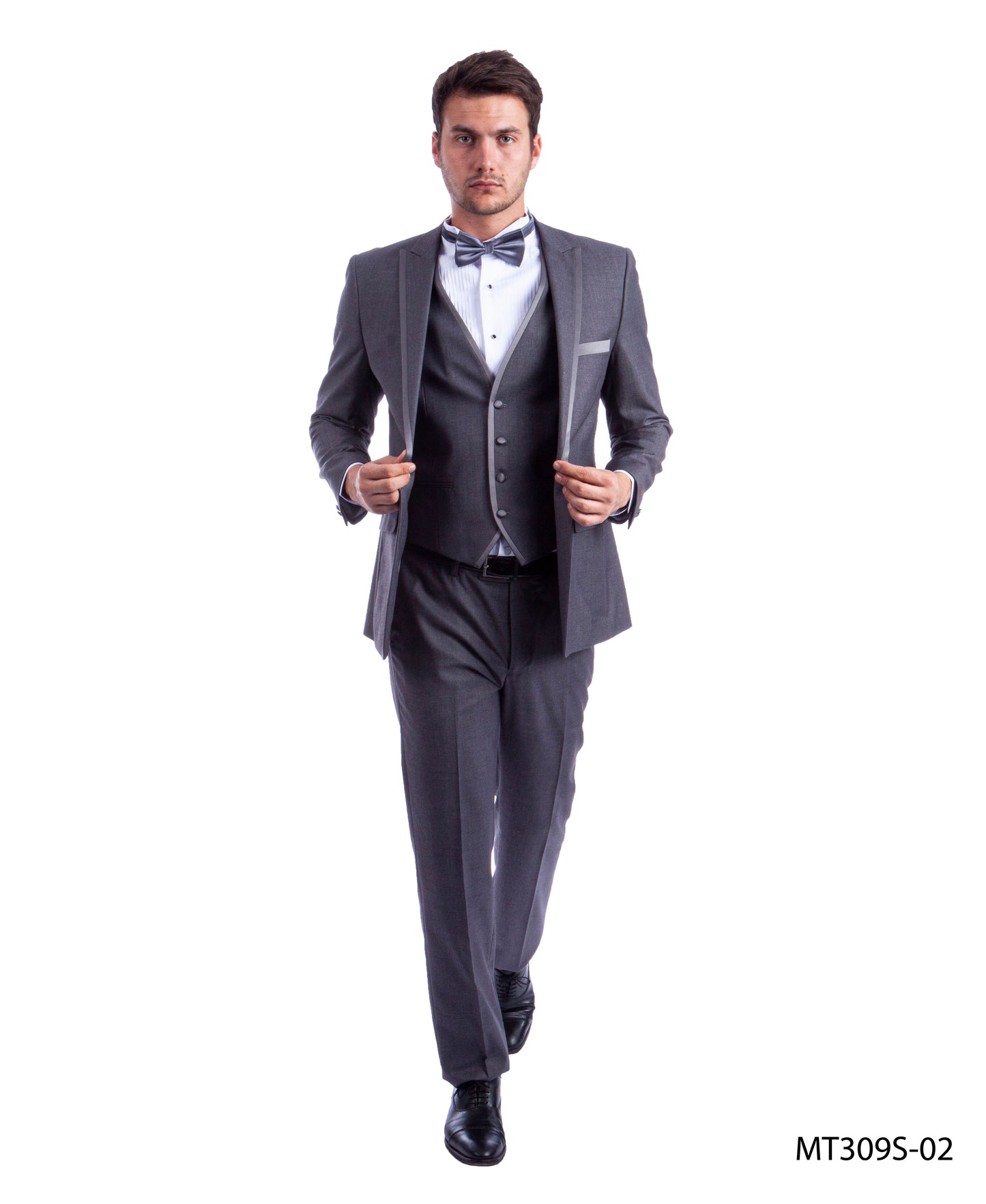 Mid Grey on Mid Grey Satin Peak Lapel With Satin Trim Slim Fit  2 Piece Tazzio Men's Tuxedo