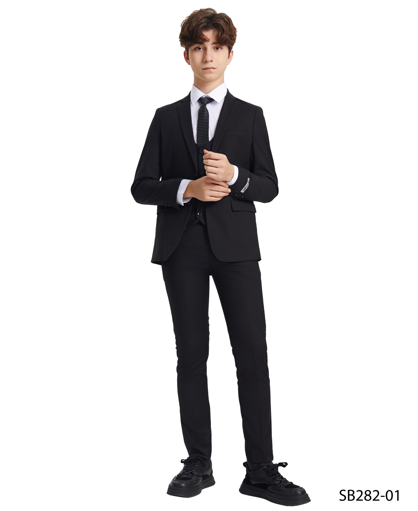 Solid Black Notch Lapel 5 Piece Slim Fit Stacy Adams Boy's Suit