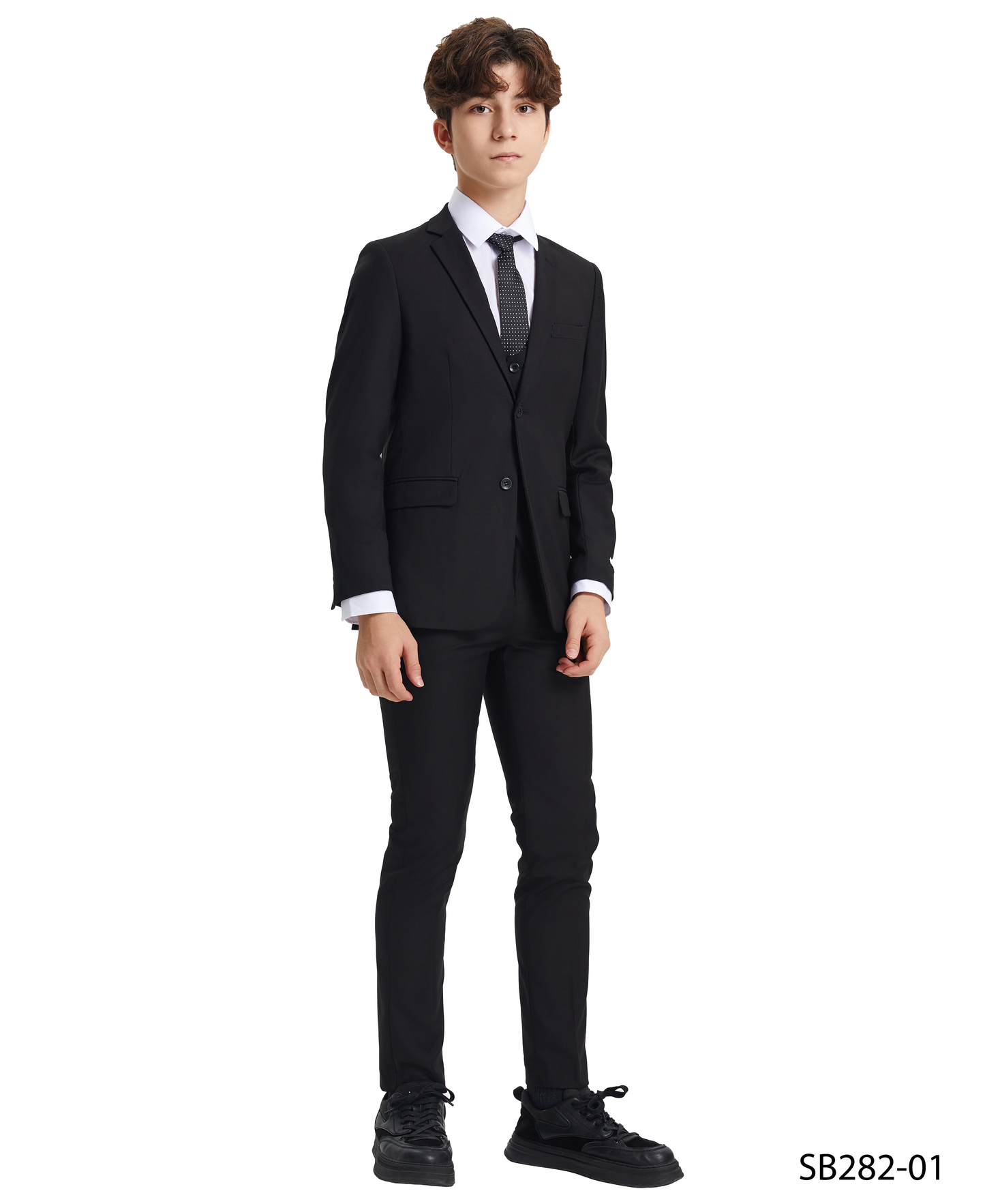 Solid Black Notch Lapel 5 Piece Slim Fit Stacy Adams Boy's Suit