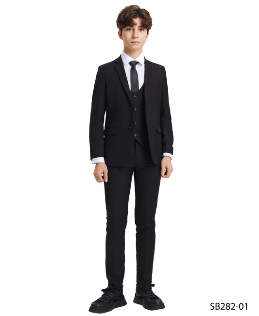 Solid Black Notch Lapel 5 Piece Slim Fit Stacy Adams Boy's Suit