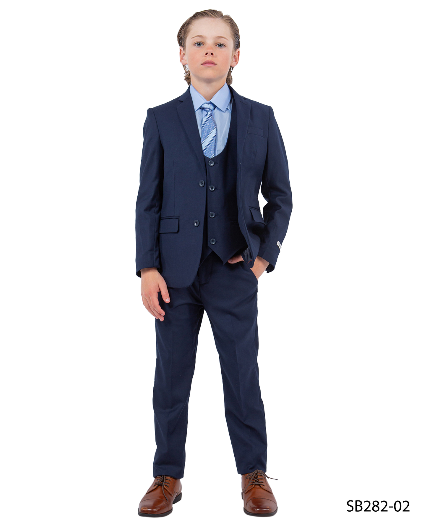 Solid Navy Notch Lapel 5 Piece Slim Fit Stacy Adams Boy's Suit