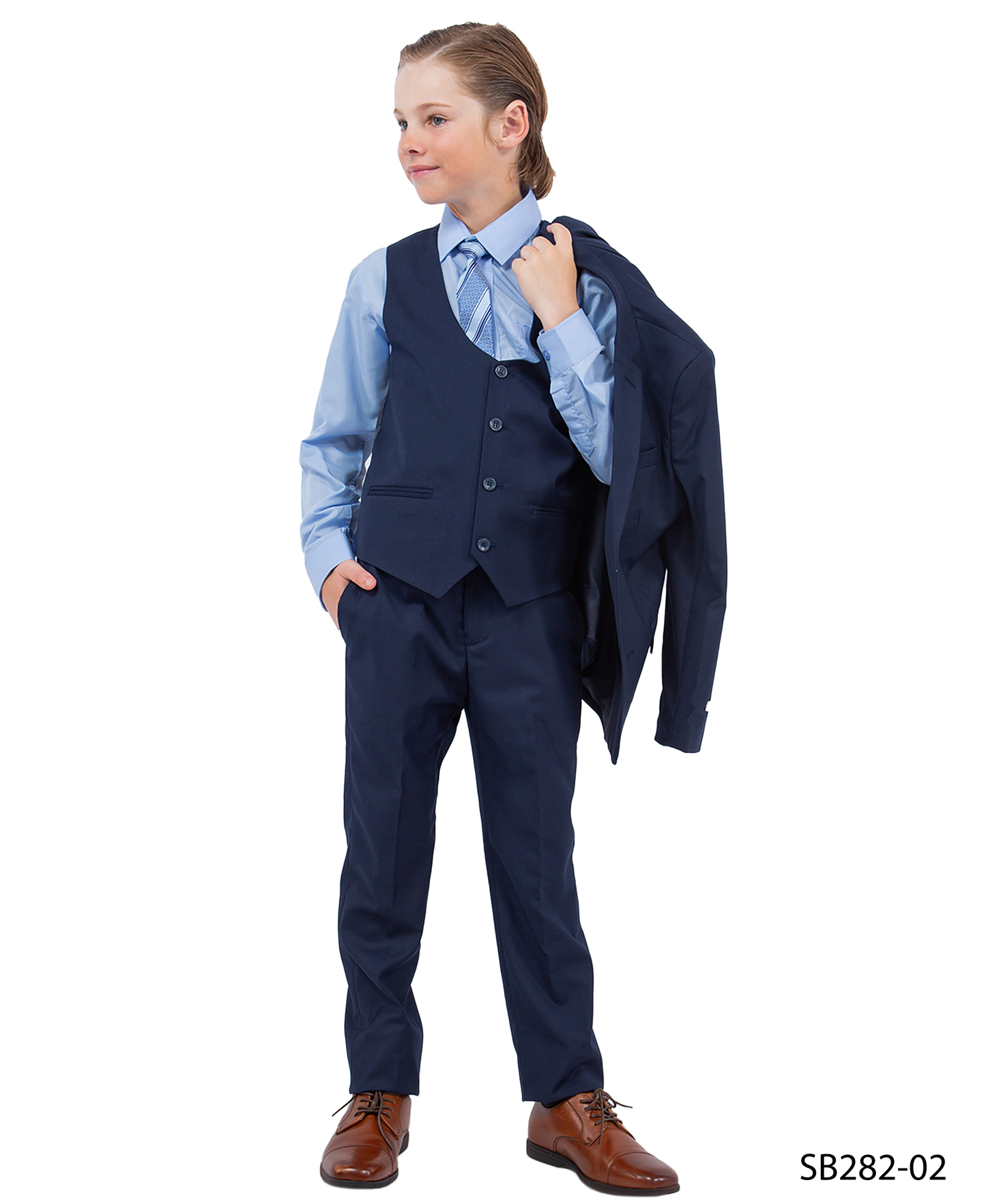 Solid Navy Notch Lapel 5 Piece Slim Fit Stacy Adams Boy's Suit