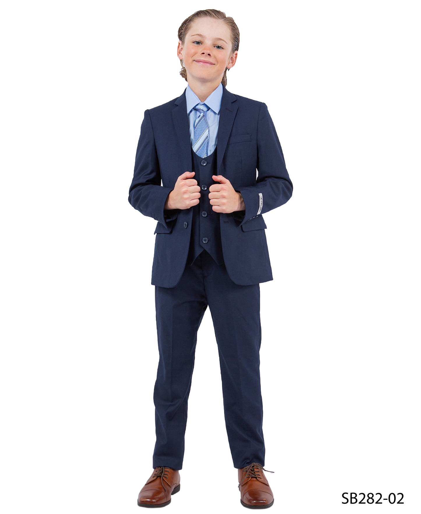 Solid Navy Notch Lapel 5 Piece Slim Fit Stacy Adams Boy's Suit