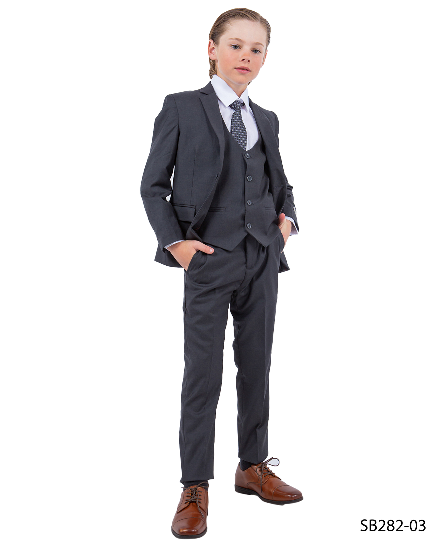 Solid Charcoal Grey Notch Lapel 5 Piece Slim Fit Stacy Adams Boy's Suit