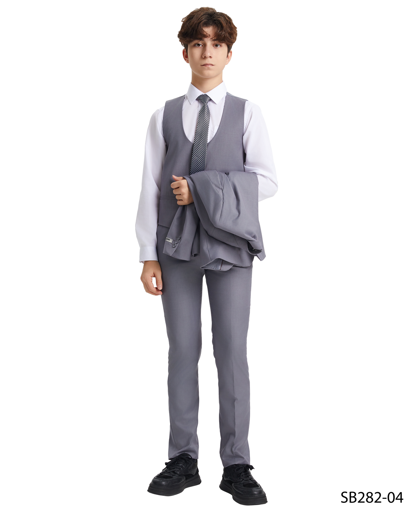 Solid Grey Notch Lapel 5 Piece Slim Fit Stacy Adams Boy's Suit
