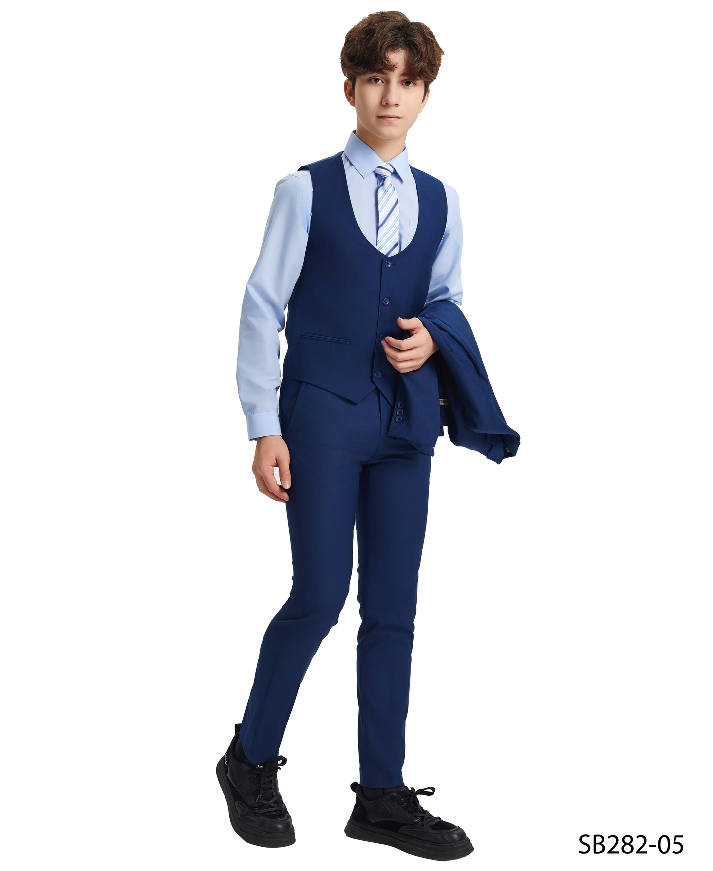 Solid Indigo Notch Lapel 5 Piece Slim Fit Stacy Adams Boy's Suit