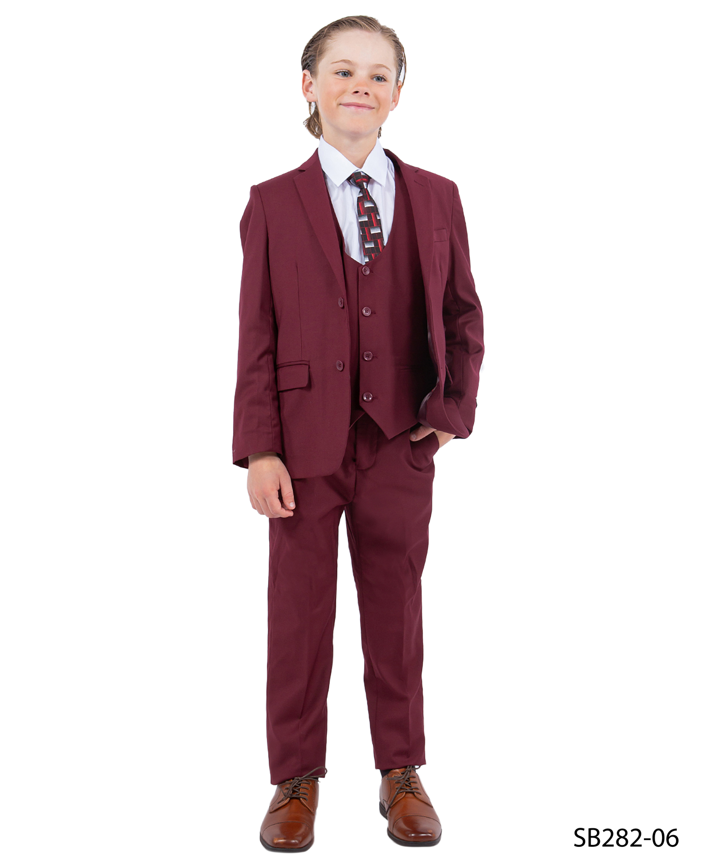 Solid Burgundy Notch Lapel 5 Piece Slim Fit Stacy Adams Boy's Suit