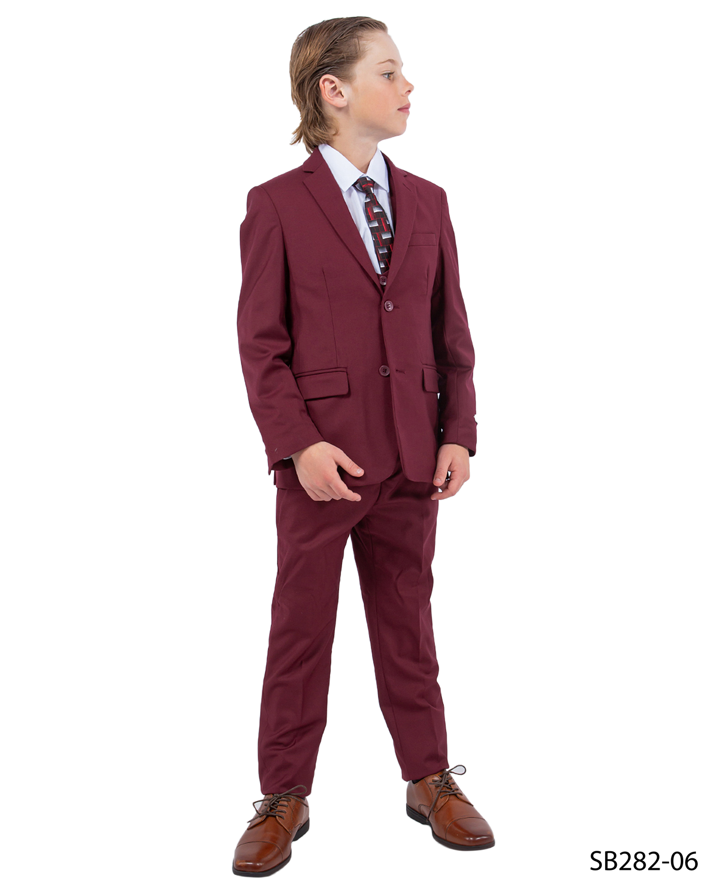 Solid Burgundy Notch Lapel 5 Piece Slim Fit Stacy Adams Boy's Suit