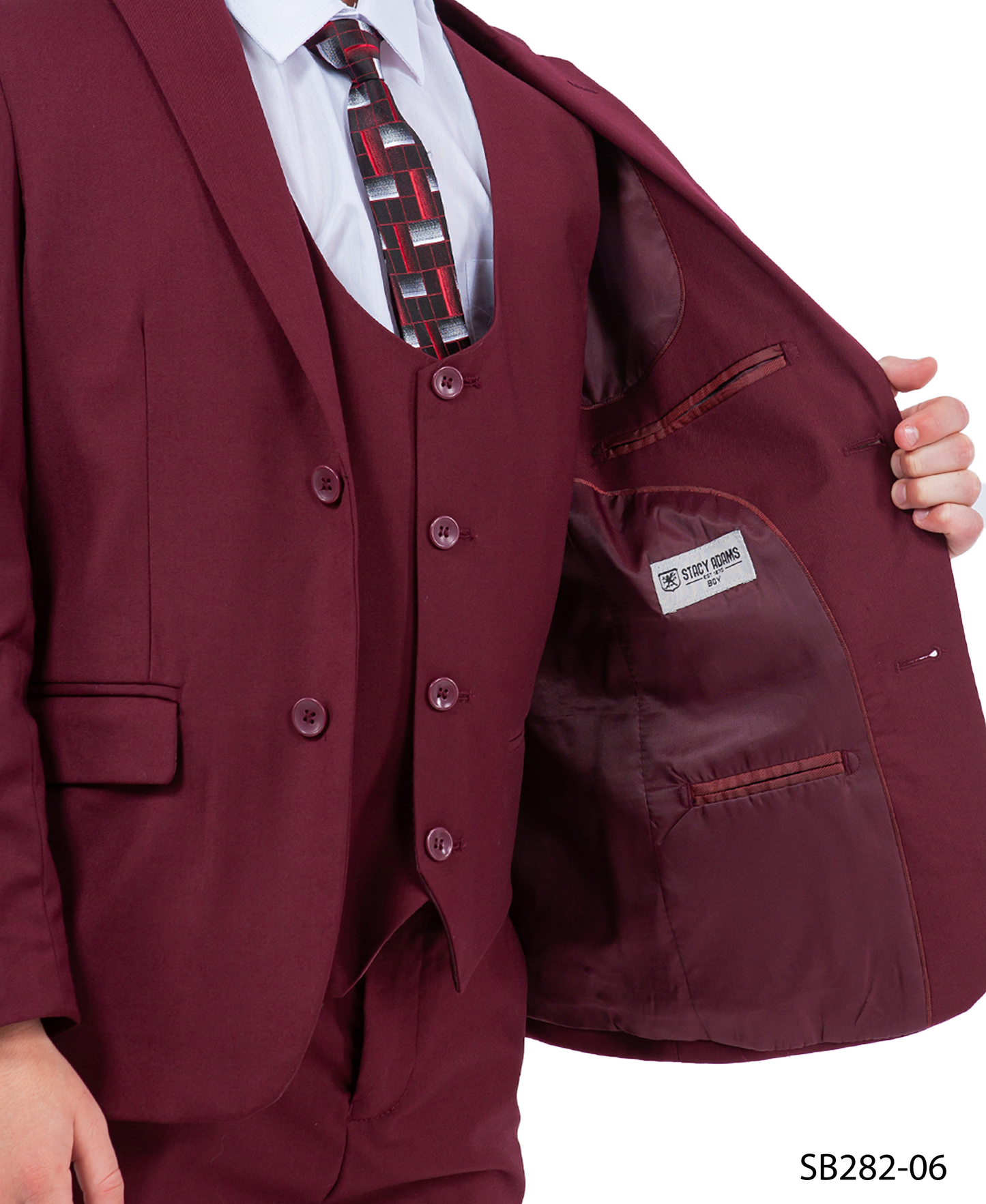 Solid Burgundy Notch Lapel 5 Piece Slim Fit Stacy Adams Boy's Suit