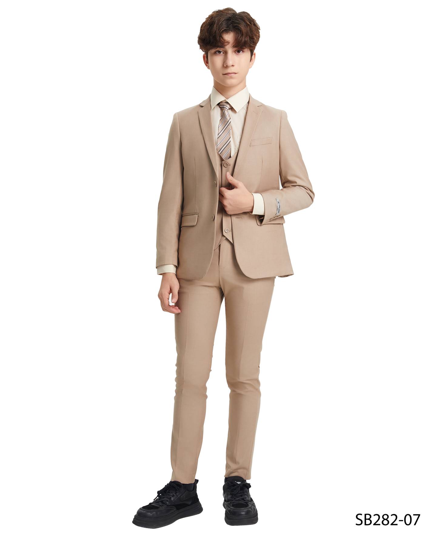 Solid Med Tan Notch Lapel 5 Piece Slim Fit Stacy Adams Boy's Suit