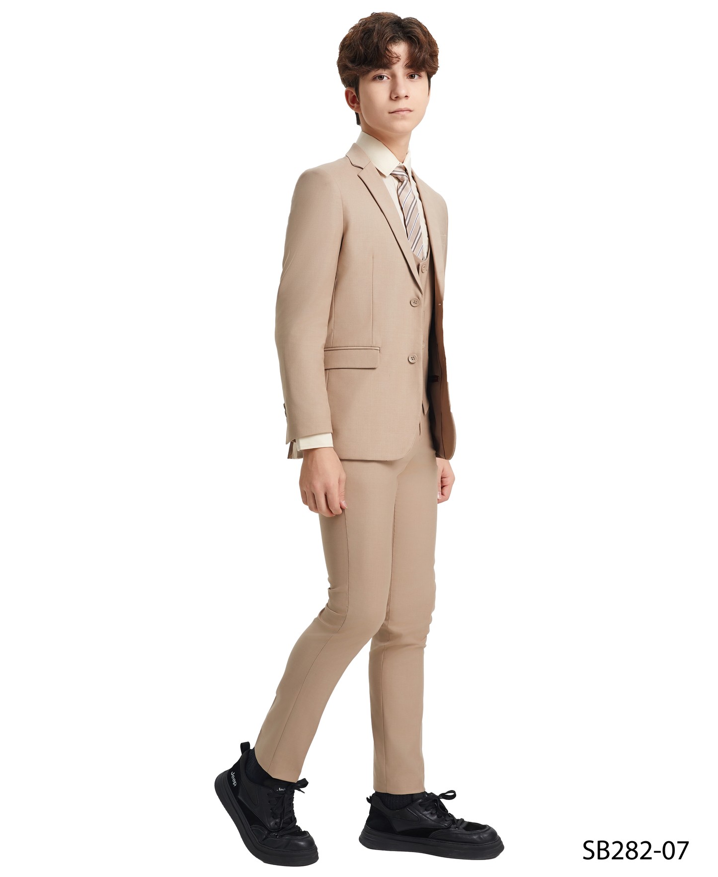 Solid Med Tan Notch Lapel 5 Piece Slim Fit Stacy Adams Boy's Suit