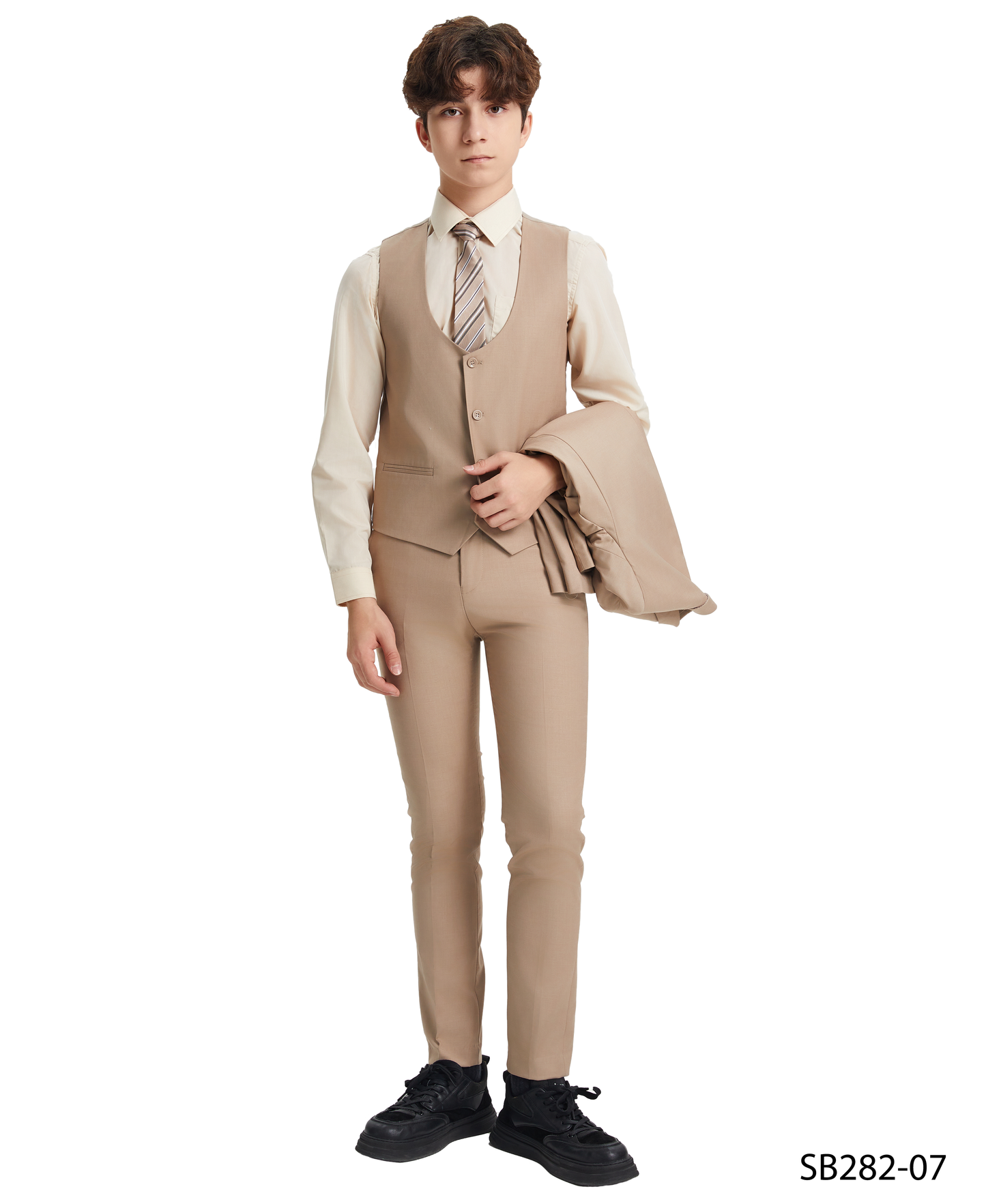Solid Med Tan Notch Lapel 5 Piece Slim Fit Stacy Adams Boy's Suit