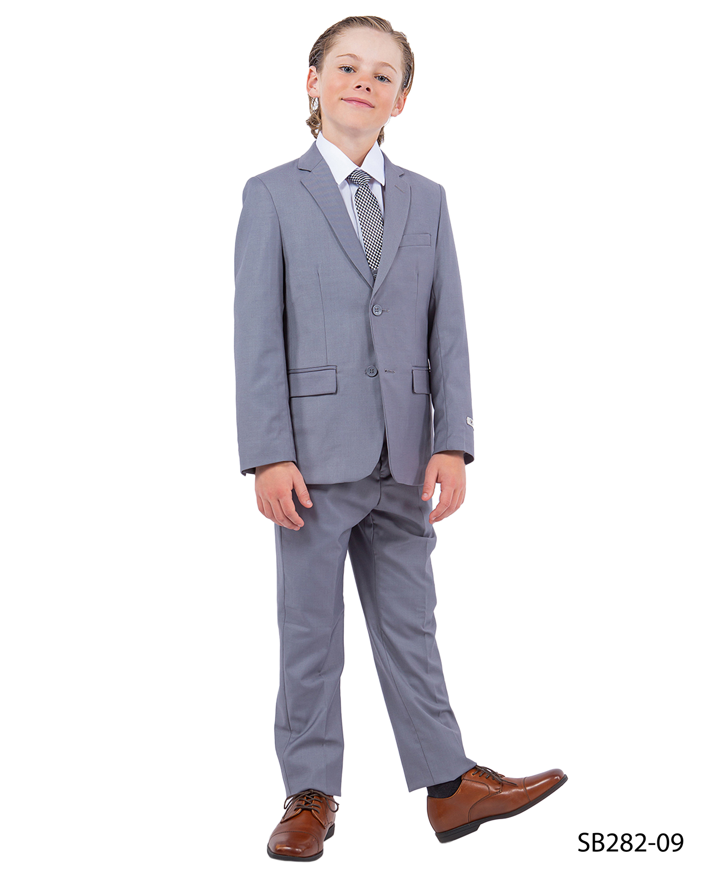 Solid Med Grey Notch Lapel 5 Piece Slim Fit Stacy Adams Boy's Suit