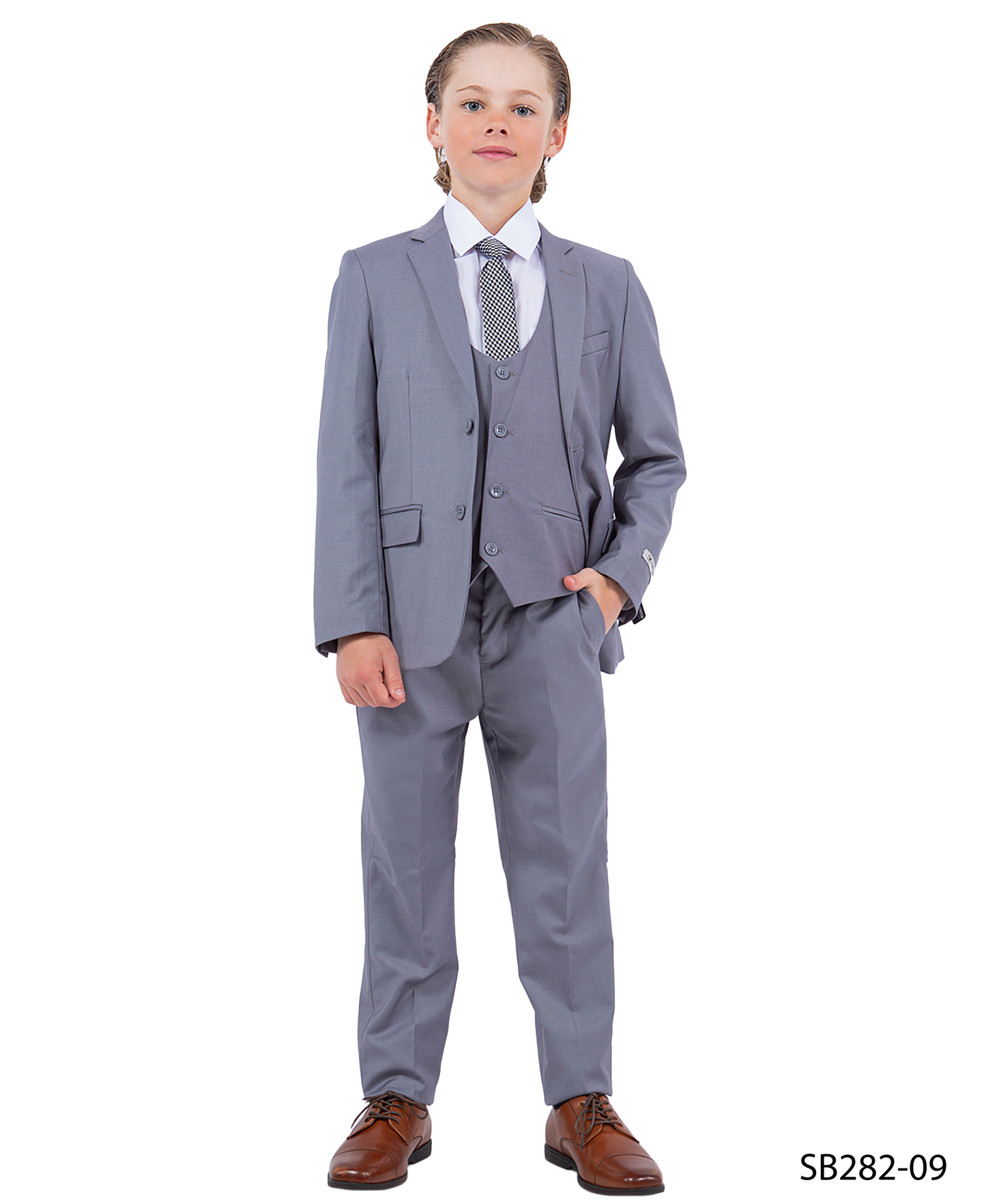 Solid Med Grey Notch Lapel 5 Piece Slim Fit Stacy Adams Boy's Suit