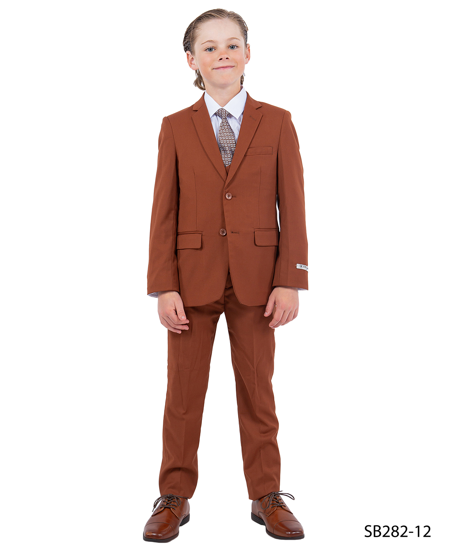 Solid Light brown Notch Lapel 5 Piece Slim Fit Stacy Adams Boy's Suit