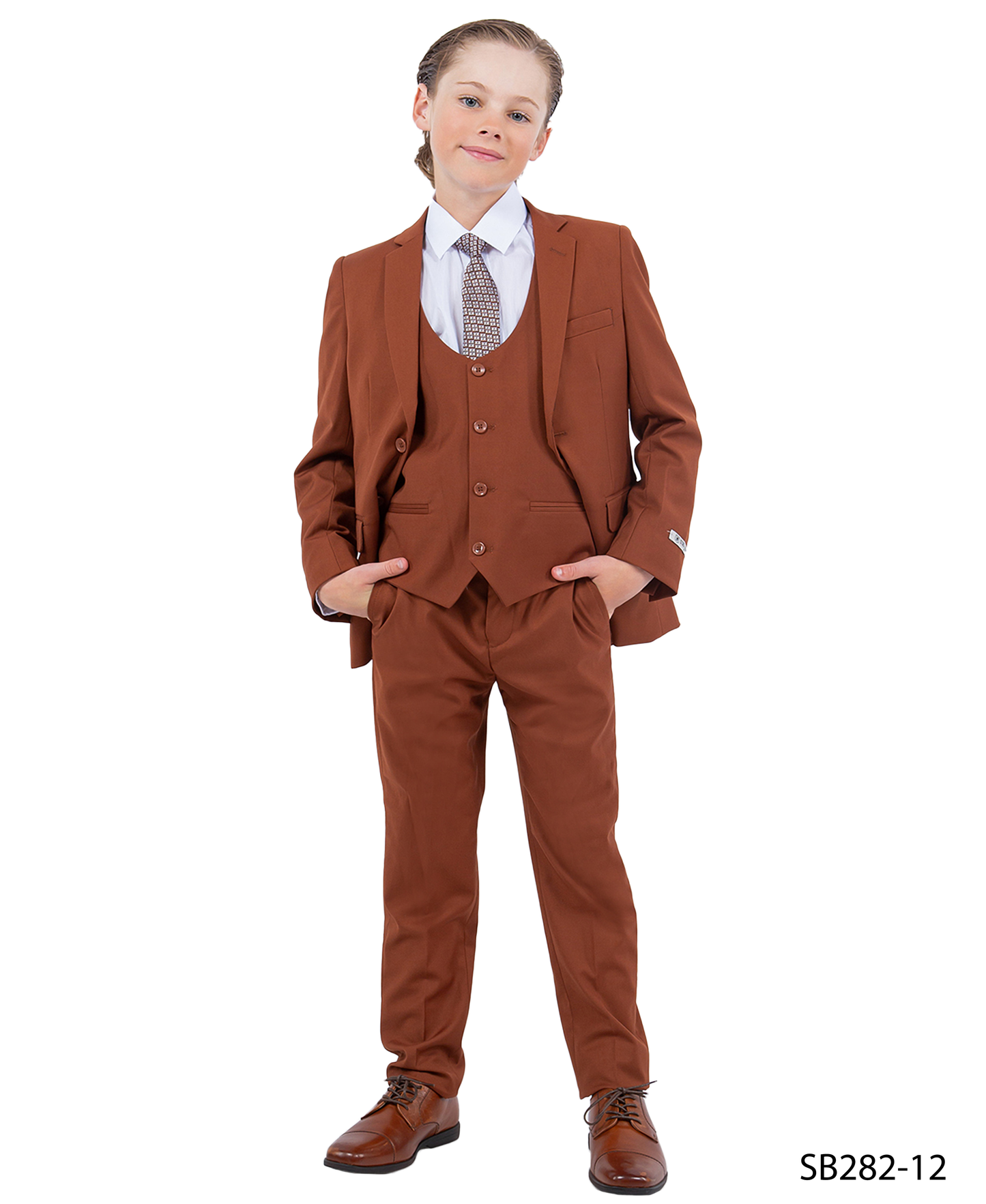 Solid Light brown Notch Lapel 5 Piece Slim Fit Stacy Adams Boy's Suit