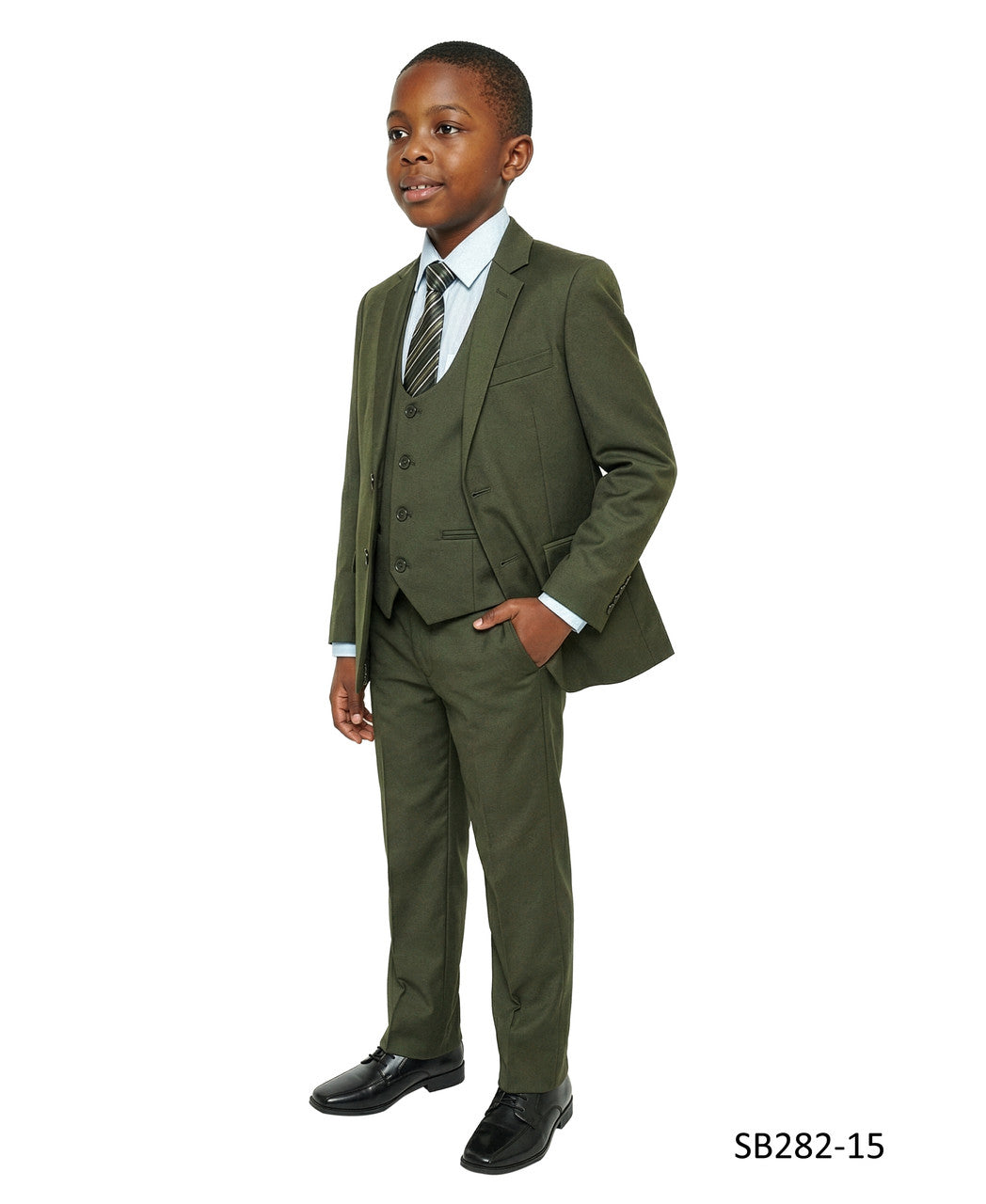 Solid Olive Notch Lapel 5 Piece Slim Fit Stacy Adams Boy's Suit