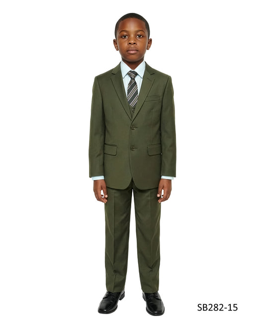 Solid Olive Notch Lapel 5 Piece Slim Fit Stacy Adams Boy's Suit