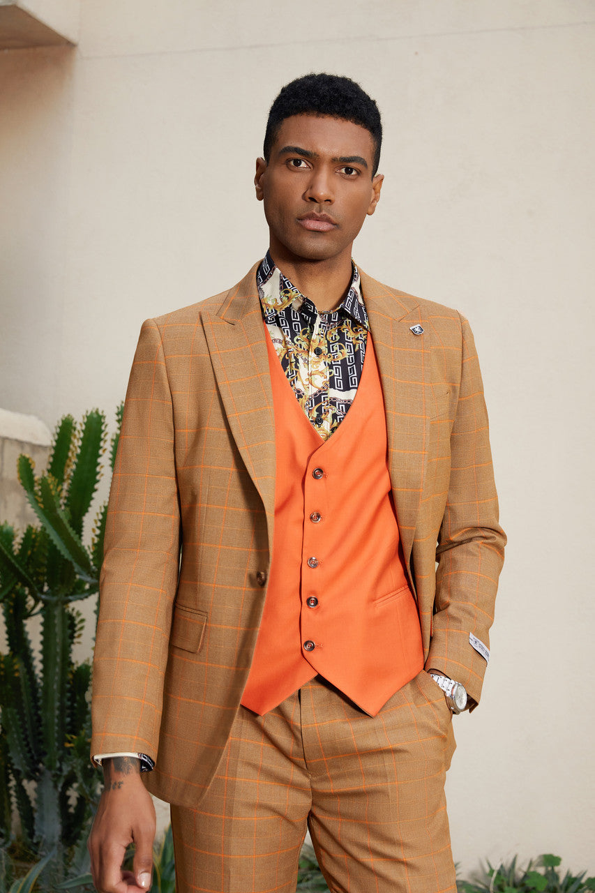 Orange Windowpane 3 Piece Peak Lapel Stacy Adams Men's Hybrid Suit