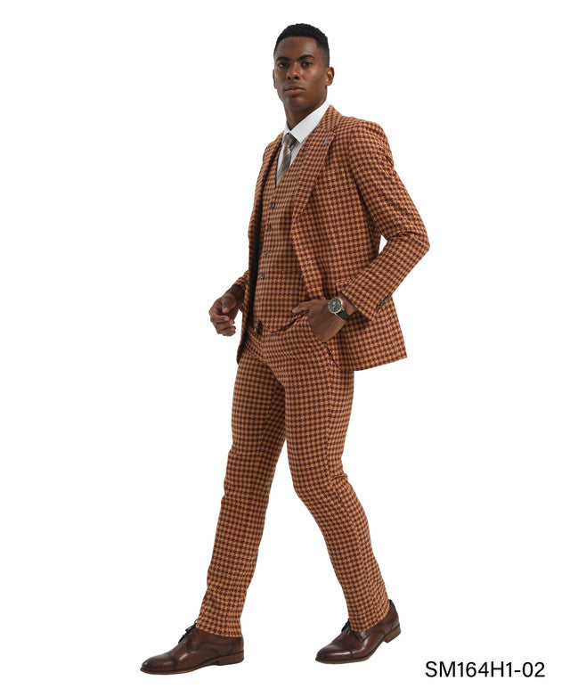 Orange Houndstooth 3 Piece Notch Lapel Stacy Adams Men's Hybrid Suit
