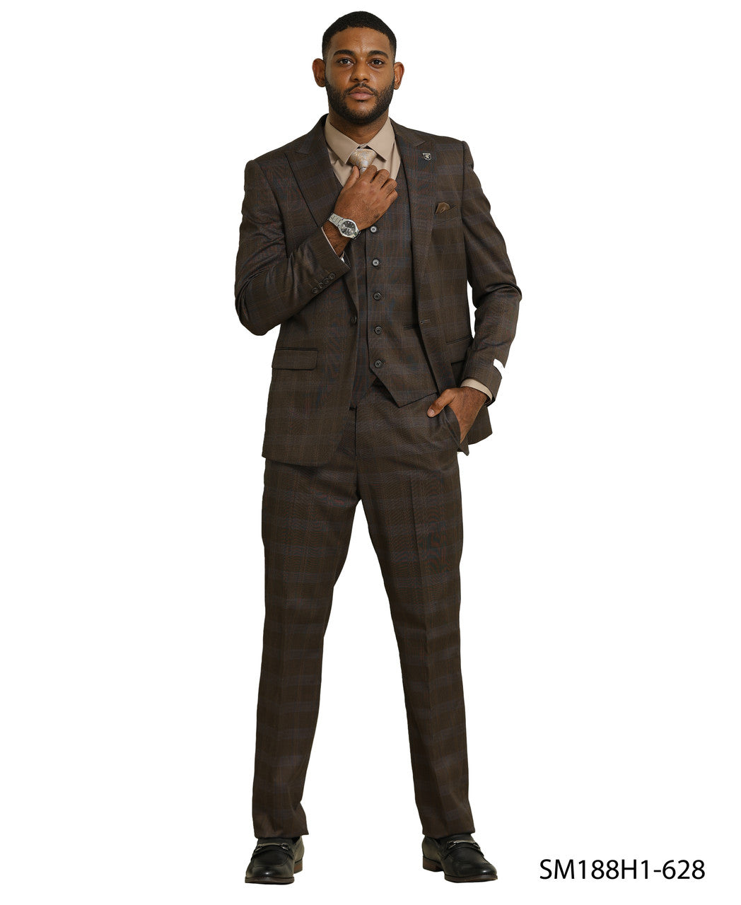 Brown Glen Check 3 Piece Notch Lapel Stacy Adams Men's Suit