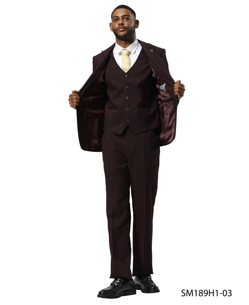 Burgundy Tattersall Plaid 3 Piece Notch Lapel Stacy Adams Men's Suit