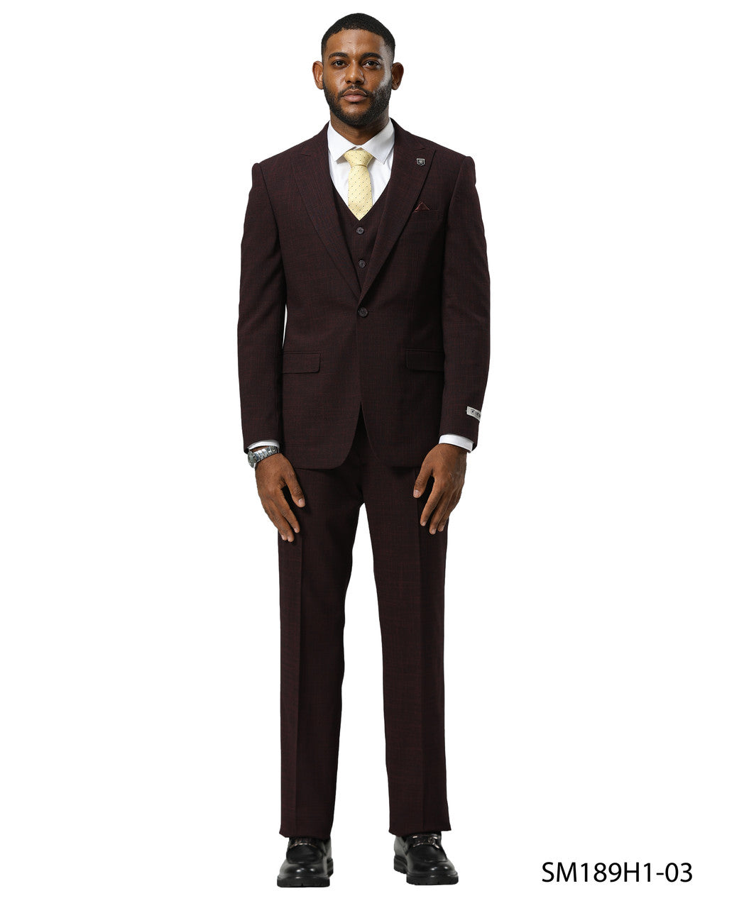 Burgundy Tattersall Plaid 3 Piece Notch Lapel Stacy Adams Men's Suit