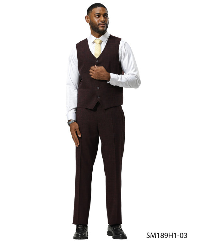 Burgundy Tattersall Plaid 3 Piece Notch Lapel Stacy Adams Men's Suit