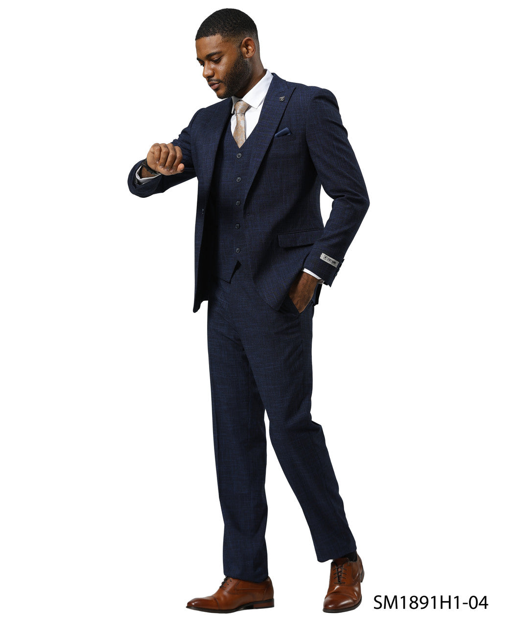 Navy Tattersall Plaid 3 Piece Notch Lapel Stacy Adams Men's Suit