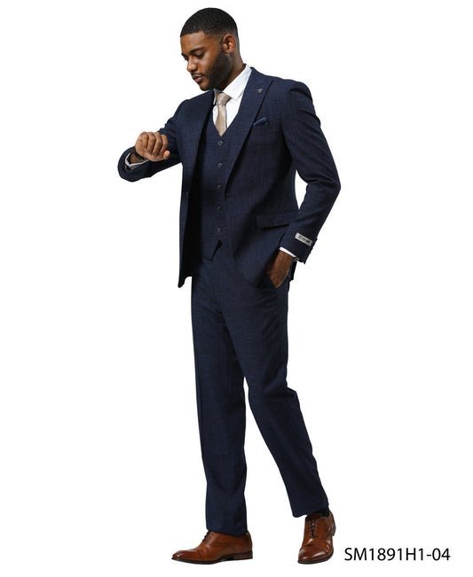 Navy Tattersall Plaid 3 Piece Notch Lapel Stacy Adams Men's Suit