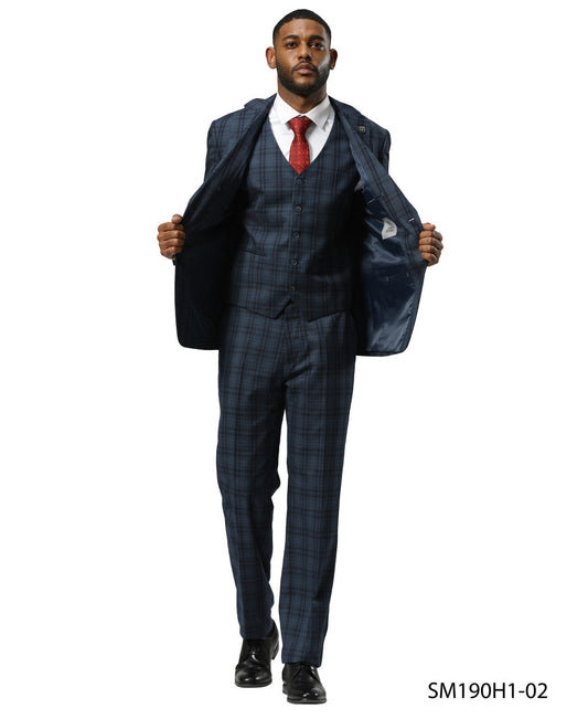 Navy Glen Plaid 3 Piece Notch Lapel Stacy Adams Men's Suit