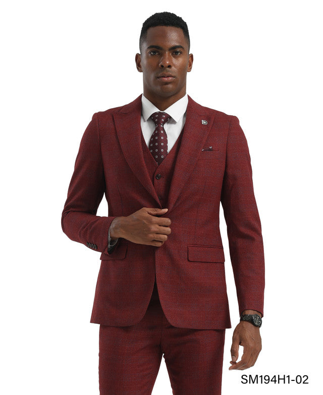 Burgundy Plaid 3 Piece Peak Lapel Stacy Adams Men's Hybrid Suit