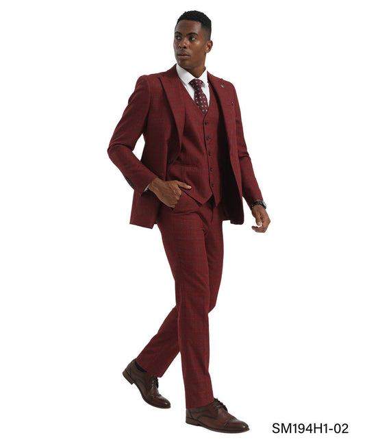 Burgundy Plaid 3 Piece Peak Lapel Stacy Adams Men's Hybrid Suit