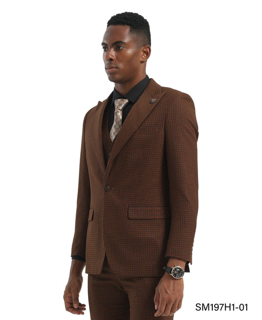 Brown Checkered Plaid 3 Piece Peak Lapel Stacy Adams Men's Hybrid Suit