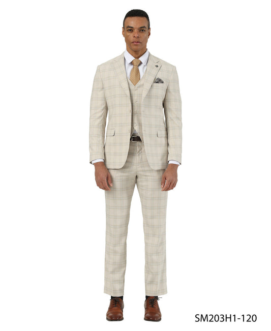 Beige Plaid Notch Lapel 3 Piece Stacy Adams Men' Suit