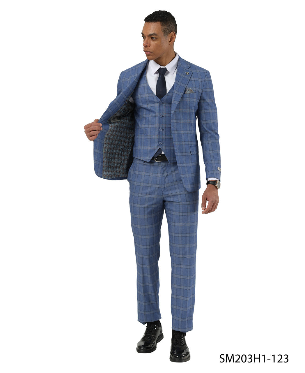 Blue Plaid Notch Lapel 3 Piece Stacy Adams Men' Suit