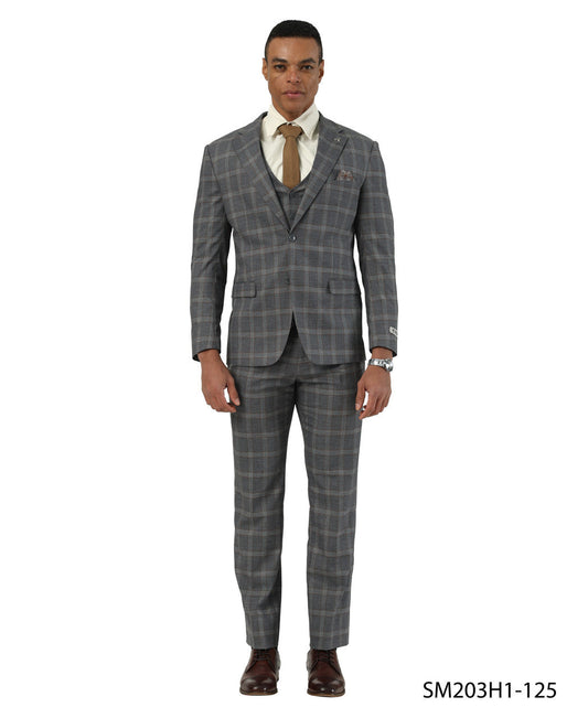 Grey/Brown Plaid Notch Lapel 3 Piece Stacy Adams Men' Suit