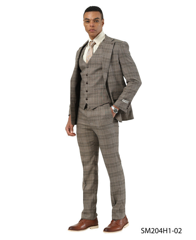 Brown Glen Plaid Notch Lapel 3 Piece Stacy Adams Men' Suit