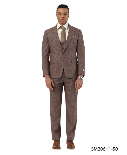 Brown Textured Windowpane Peak Lapel 3 Piece Stacy Adams Men' Suit