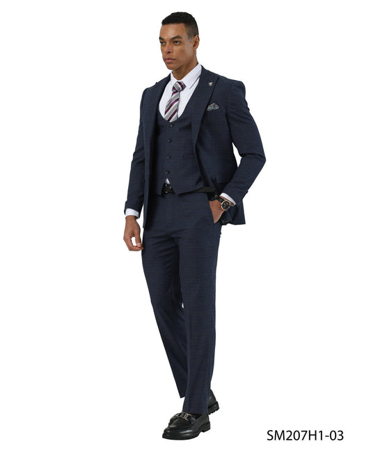 Navy Textured Glen Check Peak Lapel 3 Piece Stacy Adams Men' Suit